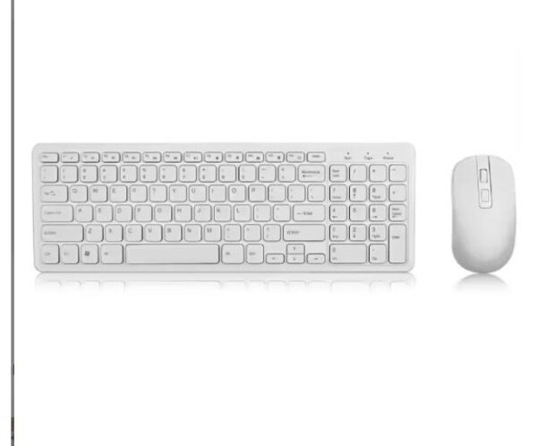 White wireless keyboard with numeric keypad and a matching mouse on a white reflective surface.