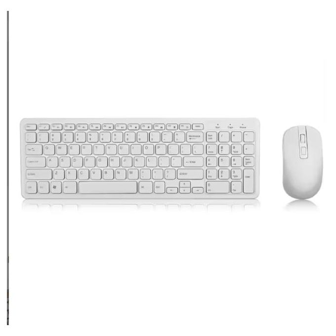 White wireless keyboard with numeric keypad and a matching mouse on a white reflective surface.