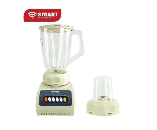 Cream-colored blender with a tall glass pitcher and a separate small jar on the side, branded Smart Technology graphic visible above the setup.