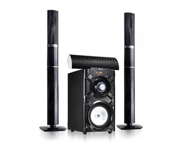 Black home theater speaker system with a central subwoofer, two tall floor speakers, and a curved soundbar resting on top.