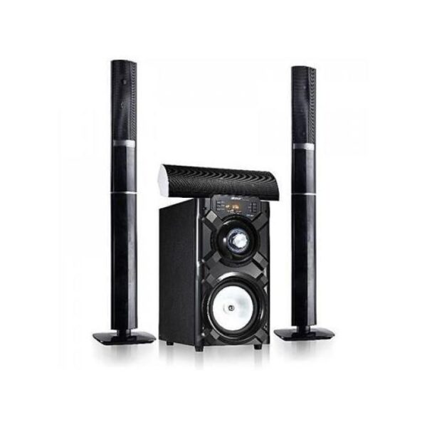 Black home theater speaker system with a central subwoofer, two tall floor speakers, and a curved soundbar resting on top.