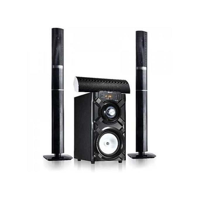 Black home theater speaker system with a central subwoofer, two tall floor speakers, and a curved soundbar resting on top.