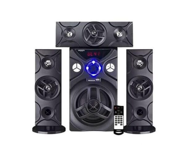 Five-piece home theater speaker set with central subwoofer, two tall satellites, a top bar speaker, blue display, and remote.