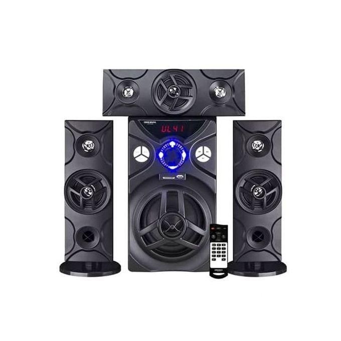 Five-piece home theater speaker set with central subwoofer, two tall satellites, a top bar speaker, blue display, and remote.
