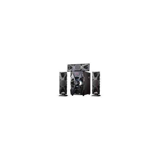 Black 5.1 surround sound speaker system with a central subwoofer, two tall front speakers, and two smaller satellite speakers.