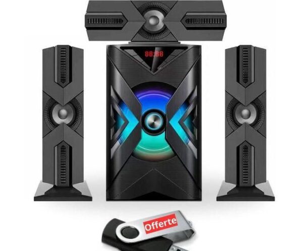 Three-piece tower speaker system with a central subwoofer and two satellite speakers, plus a USB drive labeled 'Offerte'.