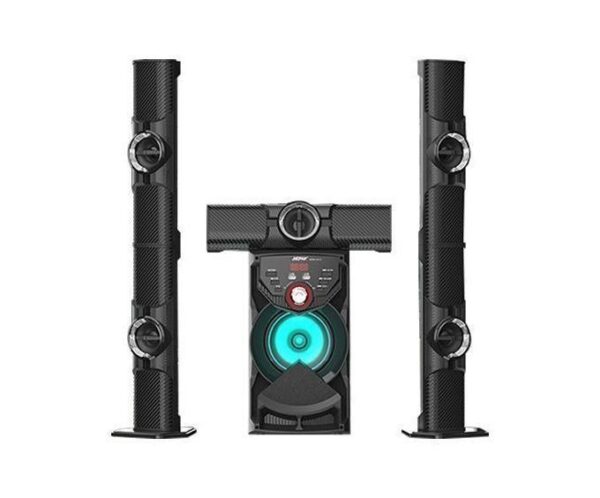 Three-piece multimedia speaker system with a central subwoofer and two tall satellite speakers on either side, viewed head-on.