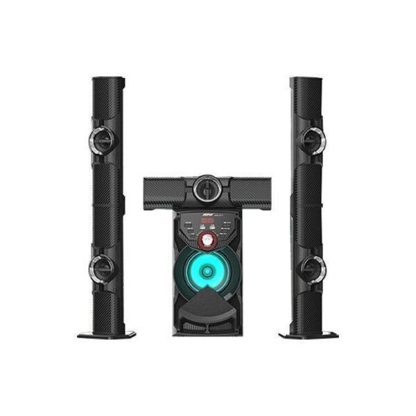 Three-piece multimedia speaker system with a central subwoofer and two tall satellite speakers on either side, viewed head-on.