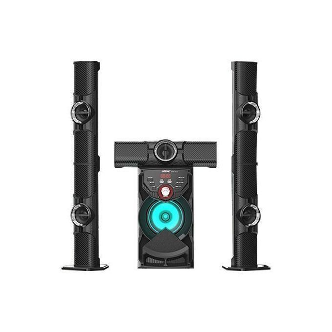 Three-piece multimedia speaker system with a central subwoofer and two tall satellite speakers on either side, viewed head-on.