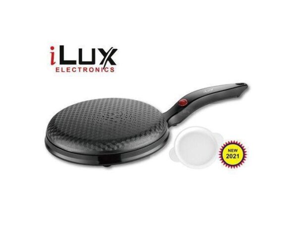 iLux Electronics round nonstick electric pancake/crepe maker with a black handle and batter cup, NEW 2021 badge.