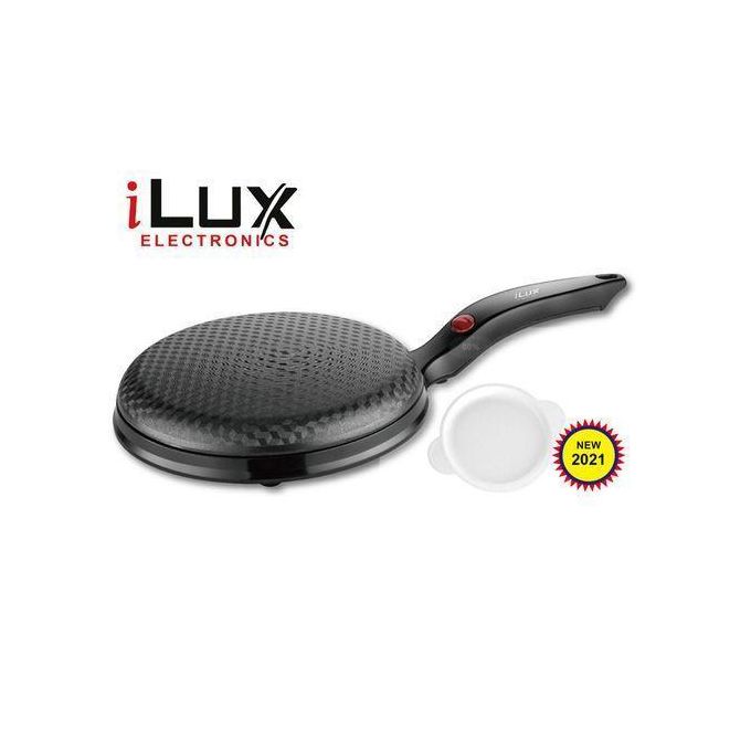 iLux Electronics round nonstick electric pancake/crepe maker with a black handle and batter cup, NEW 2021 badge.