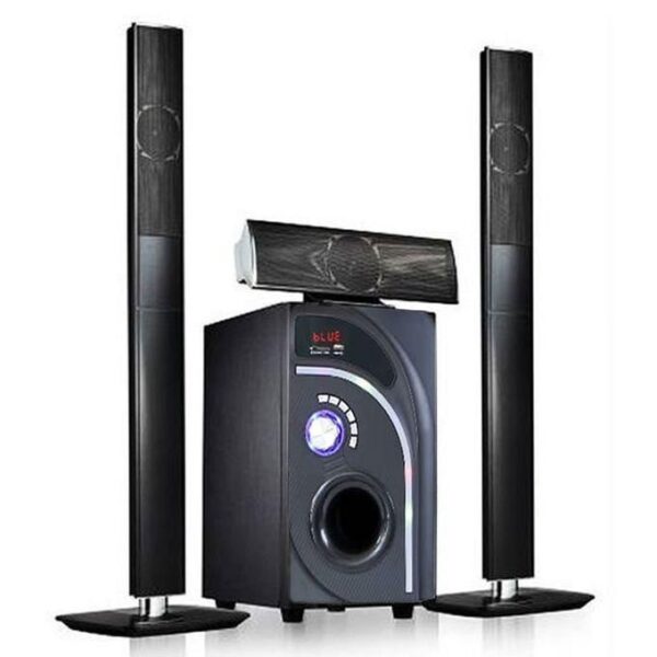 Black home theater speaker system with a subwoofer and two tall floor-standing speakers, plus a center-channel speaker perched on top.