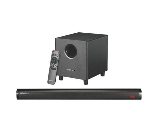 Soundbar with a separate subwoofer and a remote control for home theater audio.