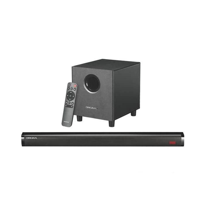 Soundbar with a separate subwoofer and a remote control for home theater audio.