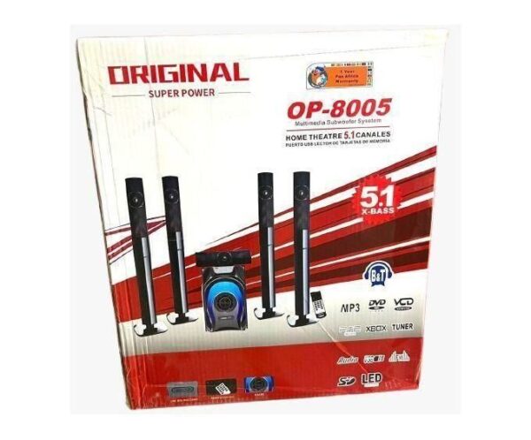 Box for OP-8005 5.1-channel home theater system with five tall black speakers and a blue subwoofer, plus playback icons on the packaging (Original, Super Power).