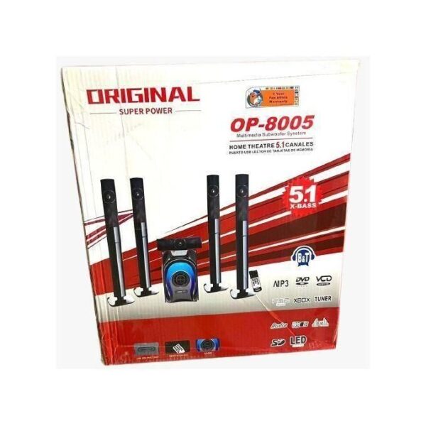 Box for OP-8005 5.1-channel home theater system with five tall black speakers and a blue subwoofer, plus playback icons on the packaging (Original, Super Power).