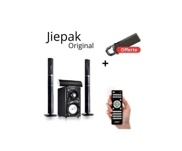 Promotional image: Jiepak Original home theater speakers with two satellites and subwoofer, plus a USB drive labeled Offerte and a hand holding a remote.