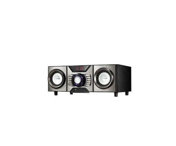 Black stereo speaker system with two outer speakers and a central control unit.