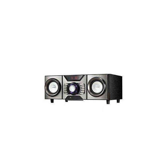 Black stereo speaker system with two outer speakers and a central control unit.