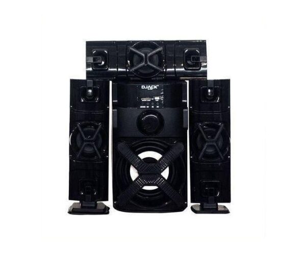 Black 5-piece home audio speaker system with a central subwoofer and four satellite speakers, all in a glossy black finish (DJACK brand).