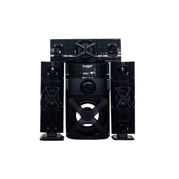 Black 5-piece home audio speaker system with a central subwoofer and four satellite speakers, all in a glossy black finish (DJACK brand).