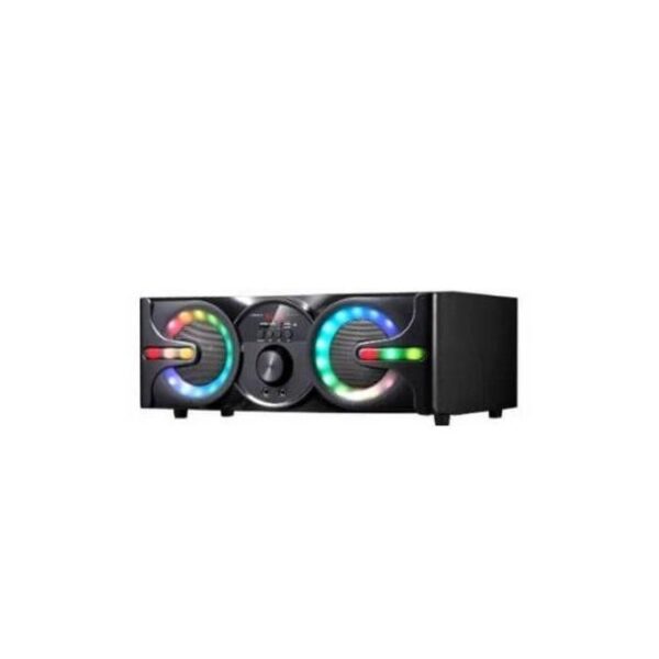 Black stereo speaker with two RGB LED-lit circular drivers and a central control knob, on a white background, portable party speaker