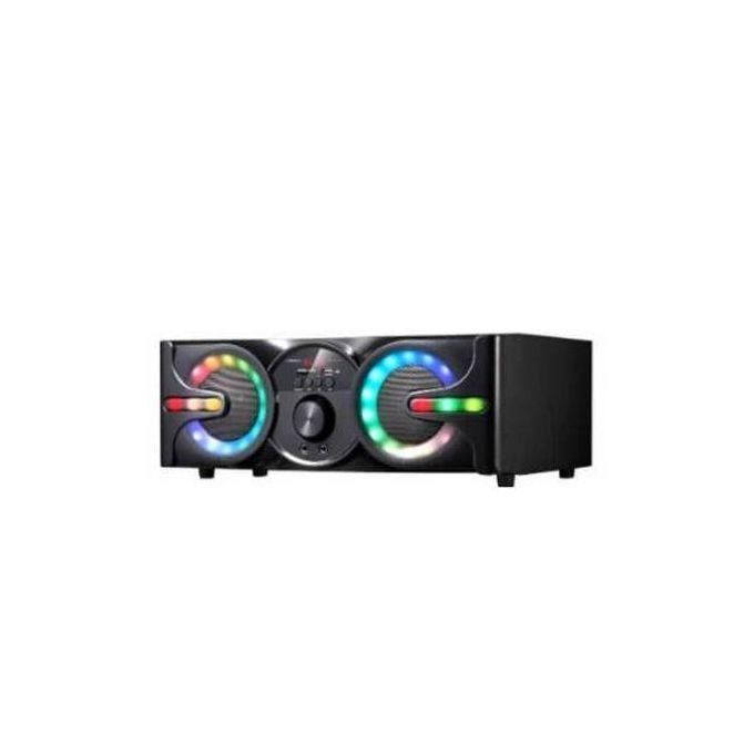 Black stereo speaker with two RGB LED-lit circular drivers and a central control knob, on a white background, portable party speaker