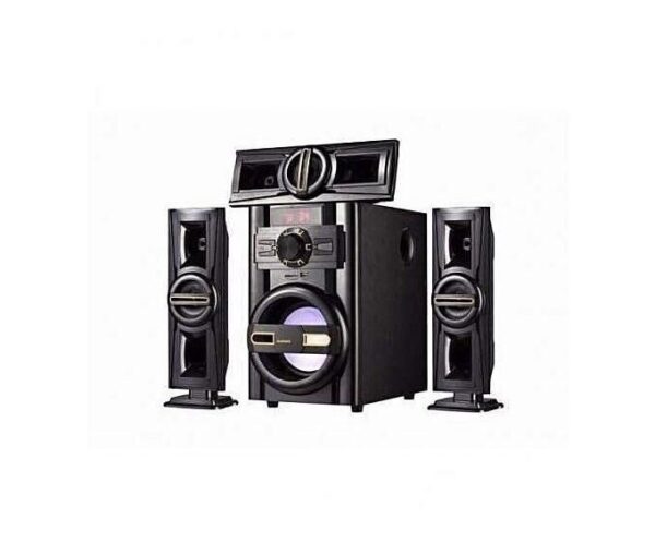 Home theater system with a central unit, large subwoofer, and two tall surround speakers in black.
