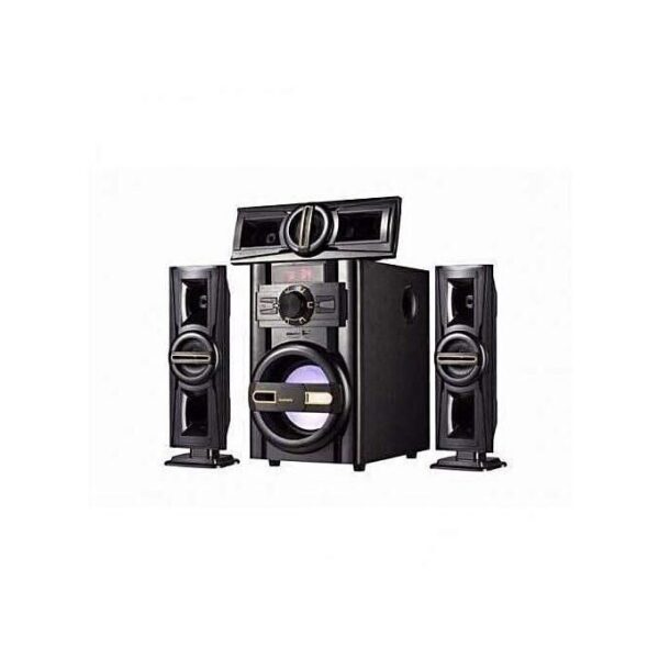 Home theater system with a central unit, large subwoofer, and two tall surround speakers in black.