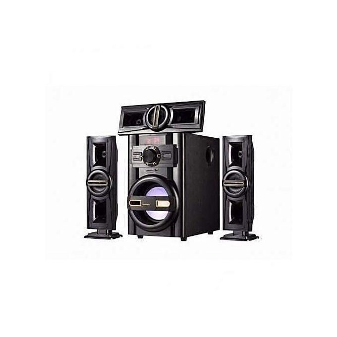 Home theater system with a central unit, large subwoofer, and two tall surround speakers in black.