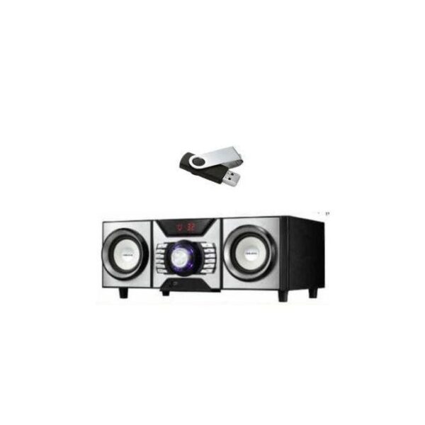 Desktop USB speaker system with two satellites and a central control unit; a USB flash drive is shown above the speakers.