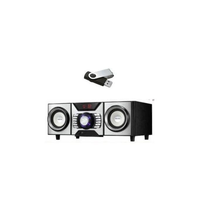Desktop USB speaker system with two satellites and a central control unit; a USB flash drive is shown above the speakers.