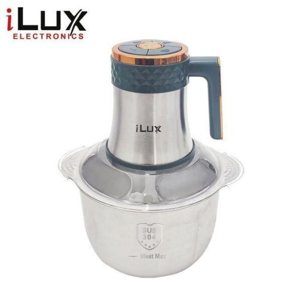 iLux stainless steel meat grinder with a clear lid and blue handle.