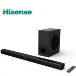 Hisense logo top left with a black soundbar, wireless subwoofer, and remote on a white background.