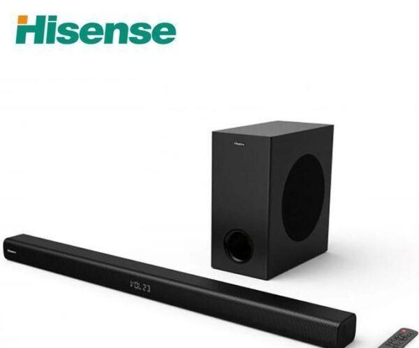 Hisense logo top left with a black soundbar, wireless subwoofer, and remote on a white background.