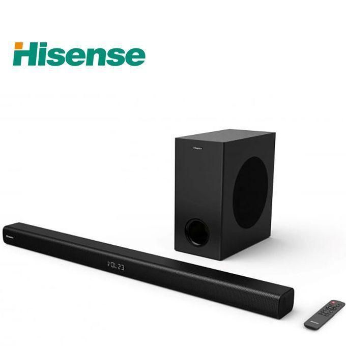 Hisense logo top left with a black soundbar, wireless subwoofer, and remote on a white background.