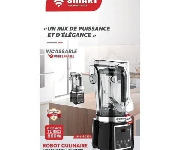 Advertisement for a SMART Technology blender: large countertop model with control panel and glass jar, French text on page (Robot Culinaire).