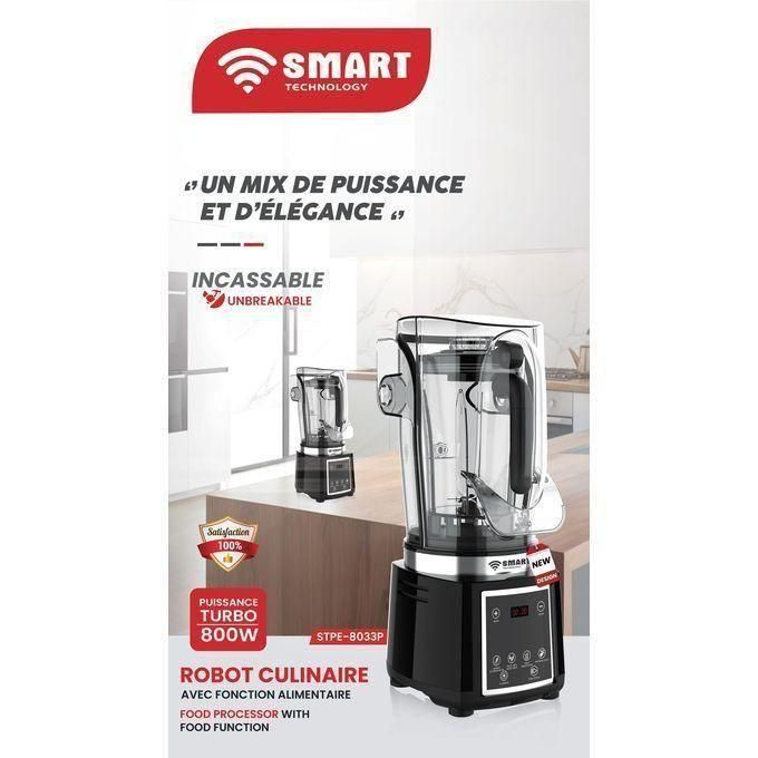 Advertisement for a SMART Technology blender: large countertop model with control panel and glass jar, French text on page (Robot Culinaire).