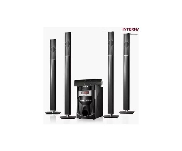 Five tall black floor-standing speakers arranged around a central subwoofer and AV receiver, forming a home theater speaker system.