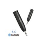 Two black Bluetooth 5.0 audio adapters with 3.5 mm jacks, shown at different angles.