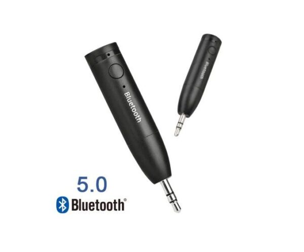 Two black Bluetooth 5.0 audio adapters with 3.5 mm jacks, shown at different angles.
