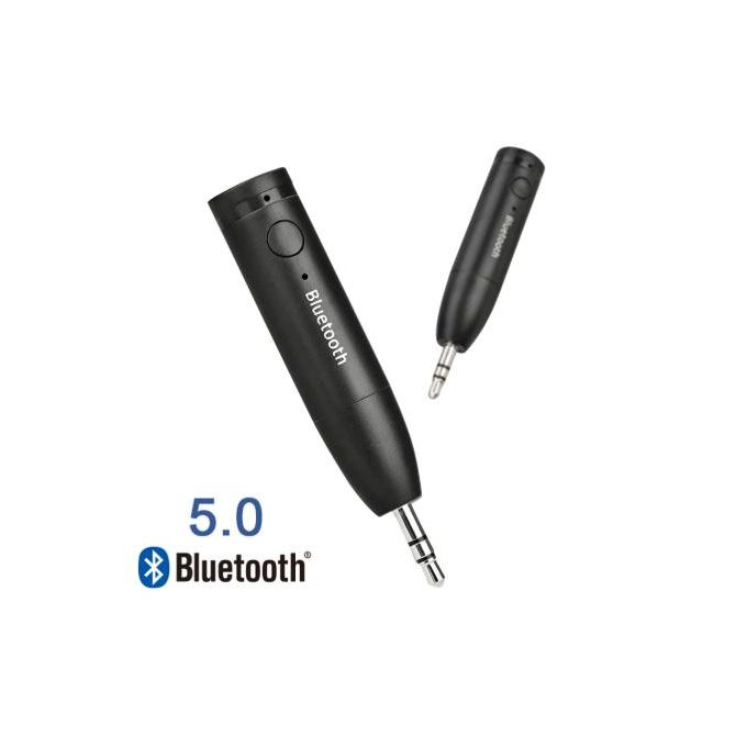 Two black Bluetooth 5.0 audio adapters with 3.5 mm jacks, shown at different angles.