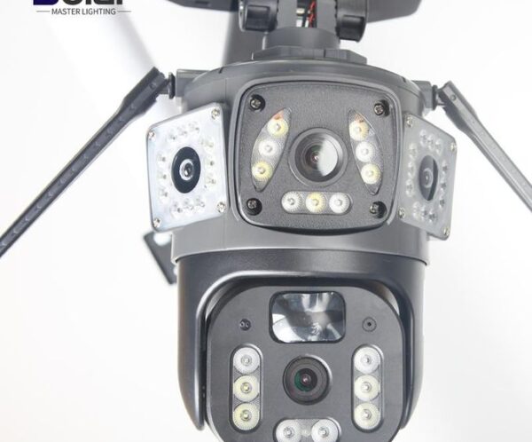 Close-up of a security camera with surrounding LED panels, branded Solar Master Lighting
