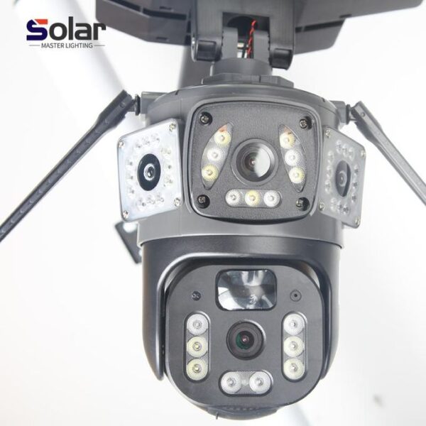 Close-up of a security camera with surrounding LED panels, branded Solar Master Lighting