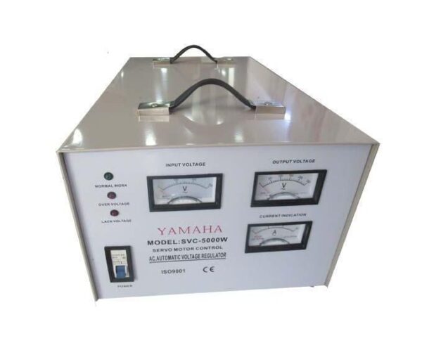 Yamaha servo motor control box with input and output voltage meters on the front panel and a power switch, carrying handles on top.