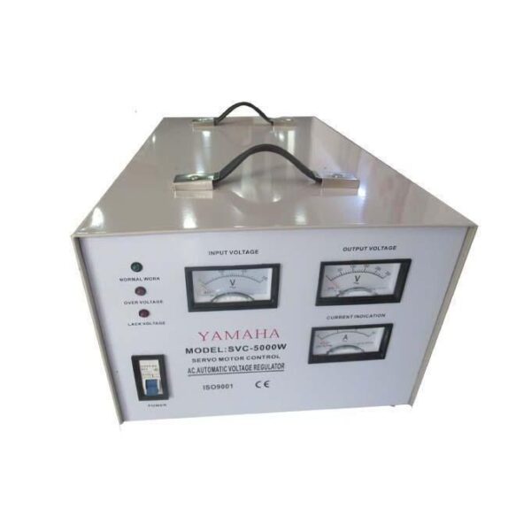 Yamaha servo motor control box with input and output voltage meters on the front panel and a power switch, carrying handles on top.