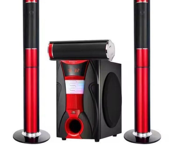 Red and black 2.1 speaker system with a central subwoofer and two tall satellite speakers.
