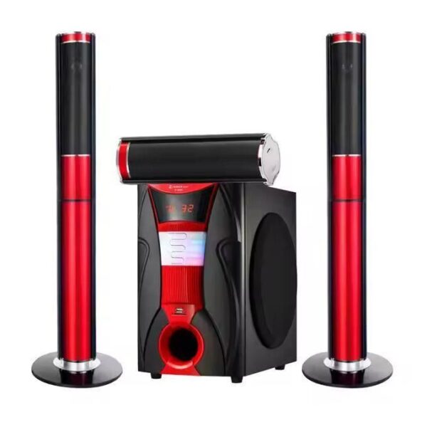 Red and black 2.1 speaker system with a central subwoofer and two tall satellite speakers.