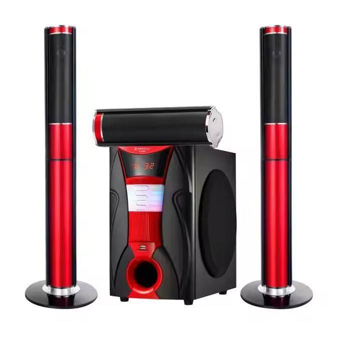 Red and black 2.1 speaker system with a central subwoofer and two tall satellite speakers.