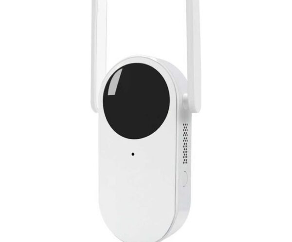 White wireless video monitor with a circular black screen and two antennas, used for baby or room monitoring.